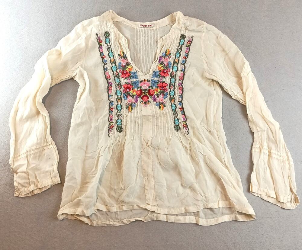 Johnny Was Womens Floral Tunic Blouse Sz S Cream Embroidered Pintuck
